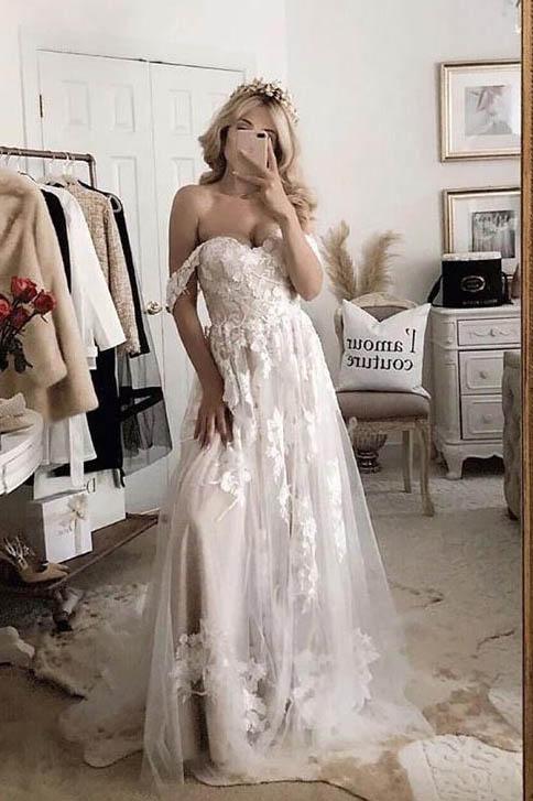 Boho Off the Shoulder Lace Appliques Tulle Wedding Dress, Beach Wedding Gown DMW25