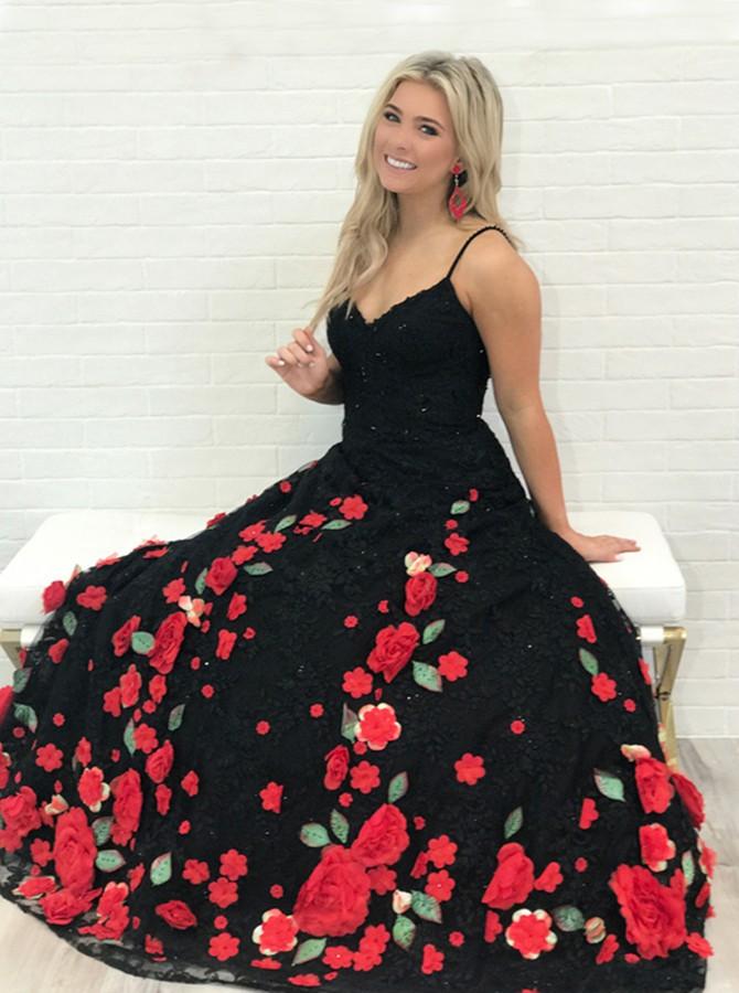 A-Line Spaghetti Straps Black Sweep Train A Line Prom Dress with Flowers DMI74
