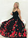A-Line Spaghetti Straps Black Sweep Train A Line Prom Dress with Flowers DMI74