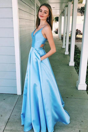 A-Line V-Neck Light Blue Spaghetti Straps Prom Dress with Pockets DMJ10