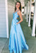 A-Line V-Neck Light Blue Spaghetti Straps Prom Dress with Pockets DMJ10