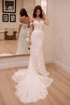 Princess Off Shoulder Court Train Chiffon Long Wedding Dress with Lace Appliques DMA51