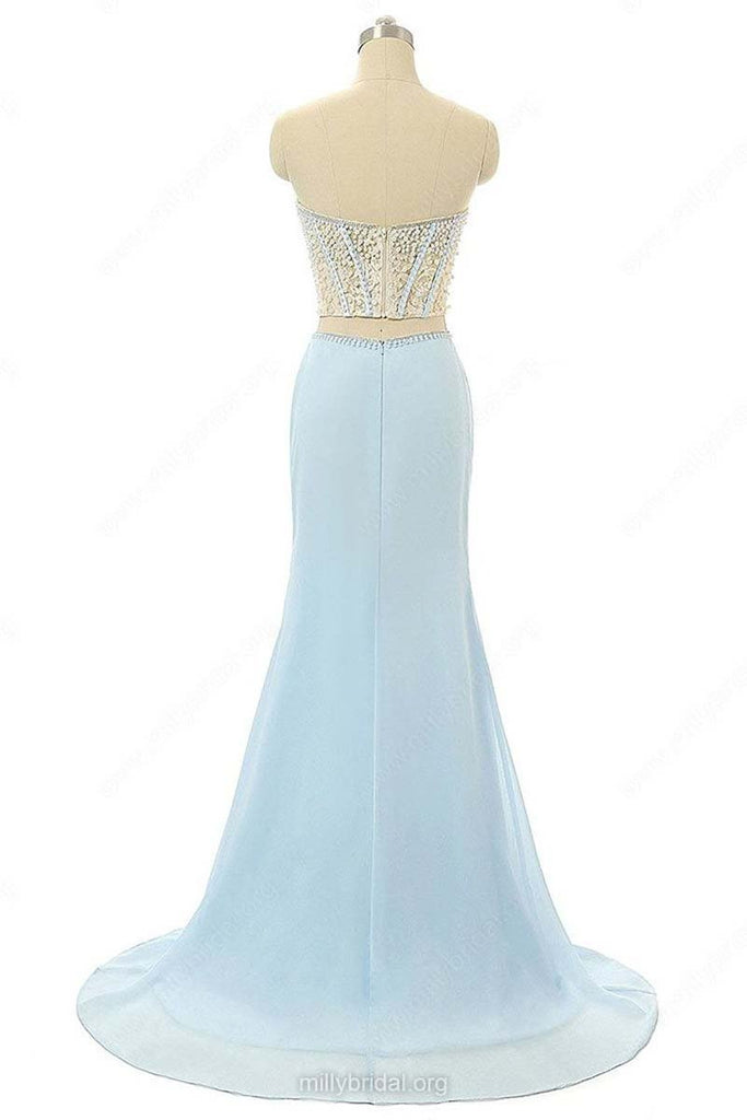 Elegant Mermaid Sweetheart Chiffon Sweep Train Split Front Light Sky Blue Prom Dresses DM621