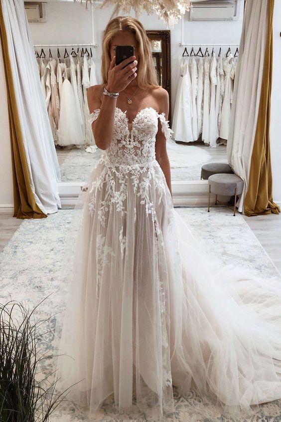 A Line Tulle Lace Appliques Off the Shoulder Long Wedding Dress DMW35