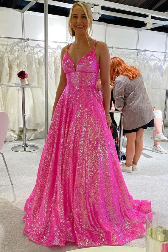 A-Line Glitter Hot Pink Long Prom Dress Sequined Evening Dress DMP131