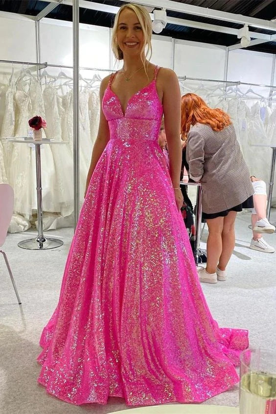 A-Line Glitter Hot Pink Long Prom Dress Sequined Evening Dress DMP131 – Demodresses