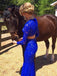 Elegant Sheath Scoop Neck Lace Beading Royal Blue Long Sleeve Two Piece Prom Dresses DM611