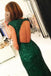 Luxurious Cap Sleeves Dark Green Split-Front Open Back Long Sequin Sexy Mermaid Prom Dress DM150