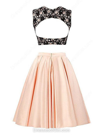 Two Pieces A-line Black Lace Satin Short/Mini Open Back Homecoming Dresses DM229