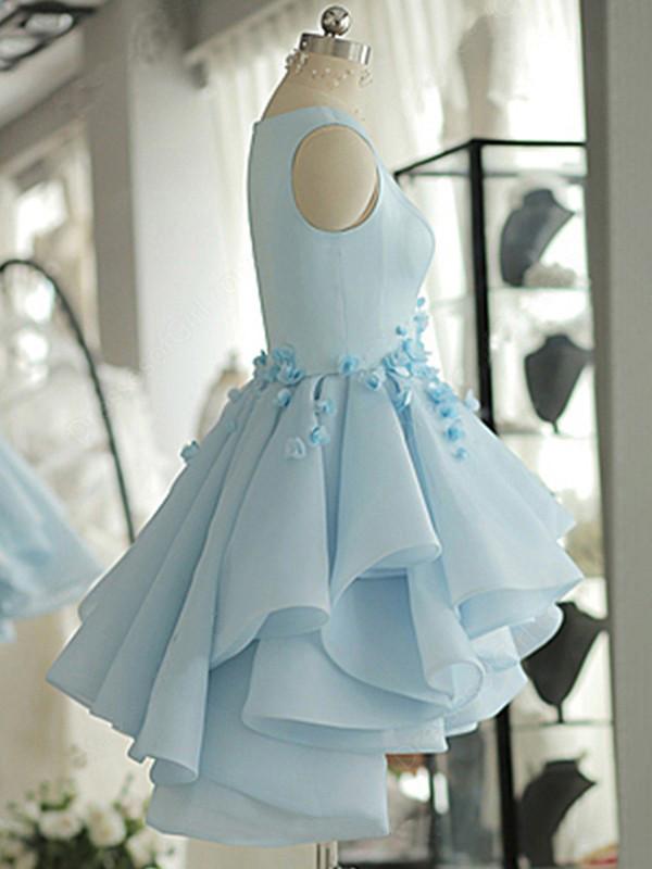 A-line Scoop Neck Satin Short/Mini Prom/Homecoming Dresses With Flower DM238