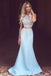 Light Blue Satin Prom Dress,Sexy Lace See-through Mermaid Long Prom Dresses DM188