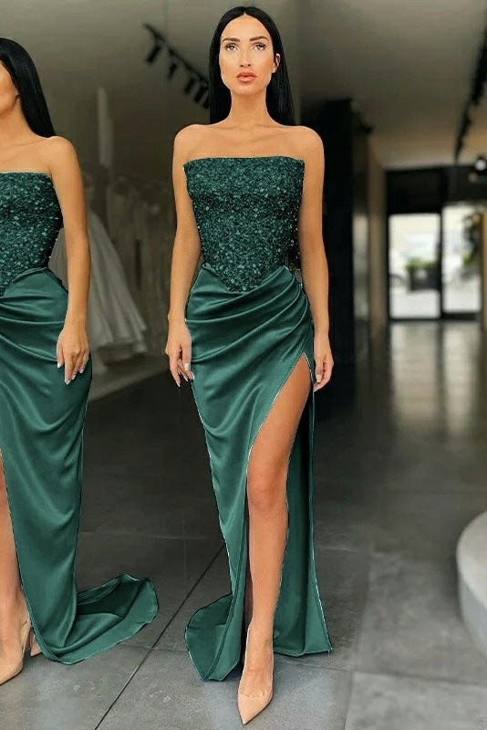 Sheath Green Strapless Sleeveless Long Prom Dresses With Slit DM1863