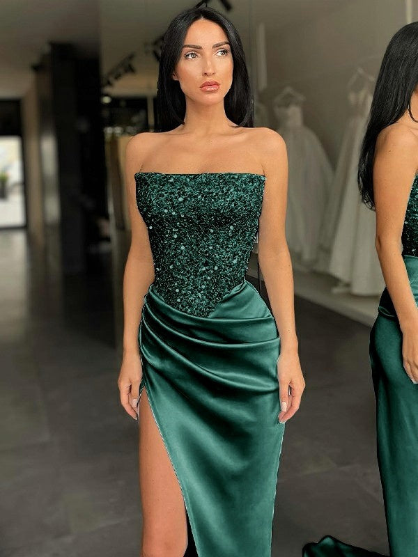 Sheath Green Strapless Sleeveless Long Prom Dresses With Slit DM1863