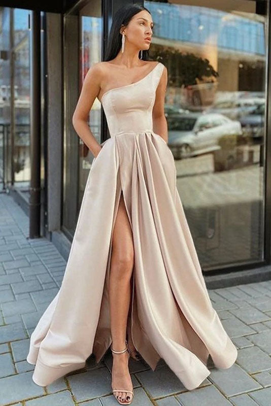 Simple A-Line Satin One-Shoulder Sleeveless Long Prom Dresses With Pockets DM1865