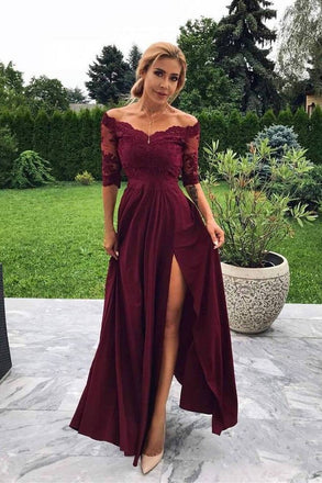 Off the Shoulder Half Sleeve Burgundy Modest Prom Dress,Bridesmaid Dresses with Slit DMH99