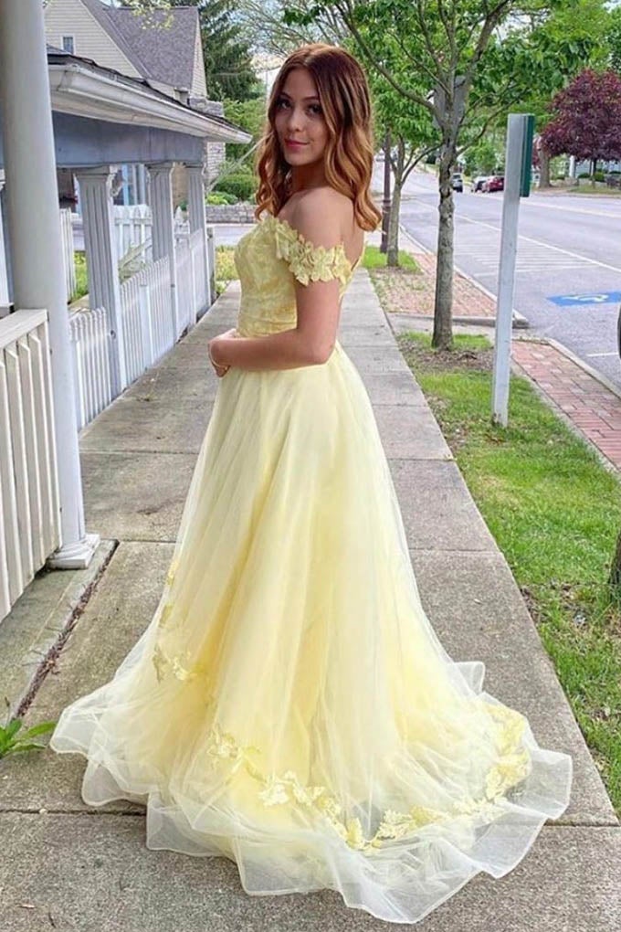 Off the Shoulder Yellow Long Tulle Prom Dress Lace Applique Formal Evening Gown DMP074