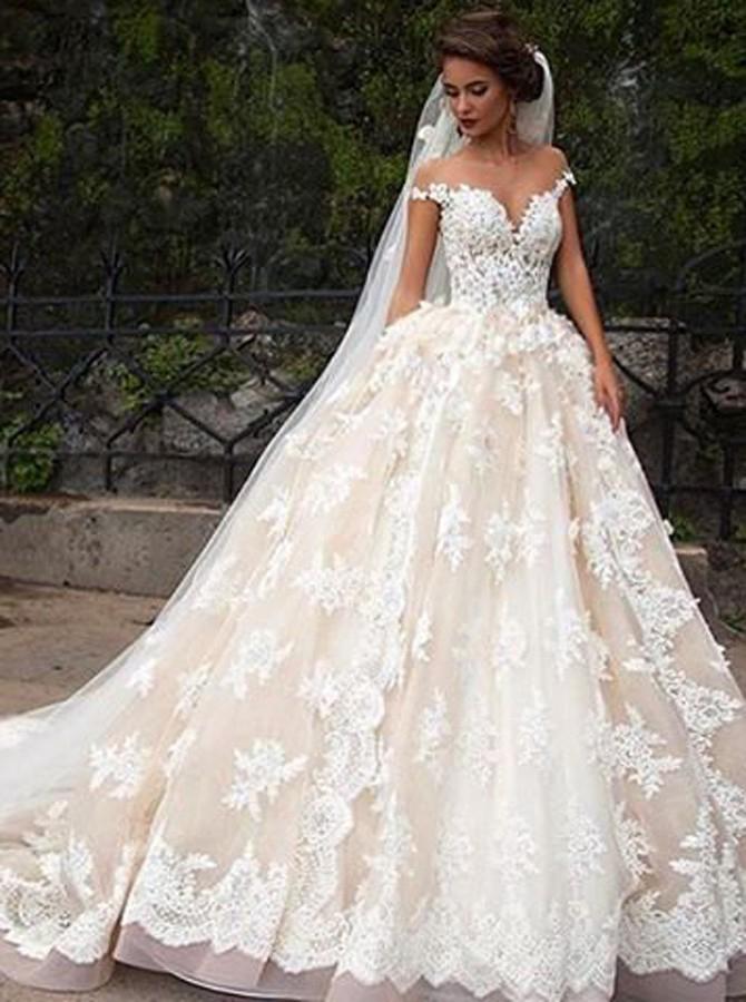 Romantic Jewel Cap Sleeves Ball Gown Wedding Dress with Lace Top DMB09