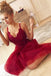 Cute A Line V Neck Spaghetti Straps Dark Red Short Homecoming Dresses with Lace DMM67