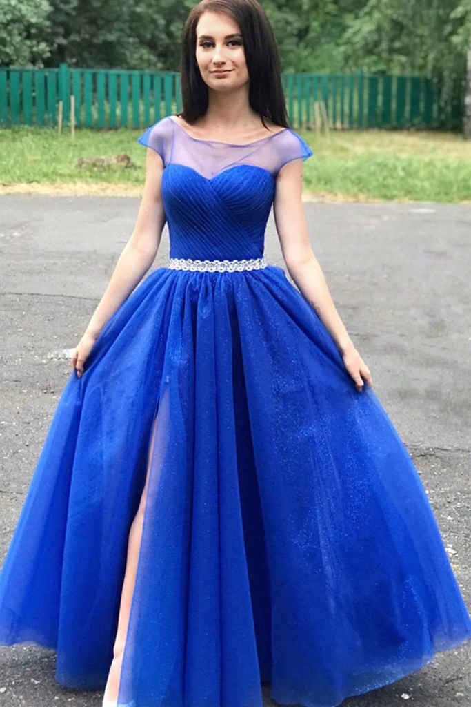 A-line Cap Sleeves Royal Blue Long Prom Dresses Beaded Evening Dresses DMR65