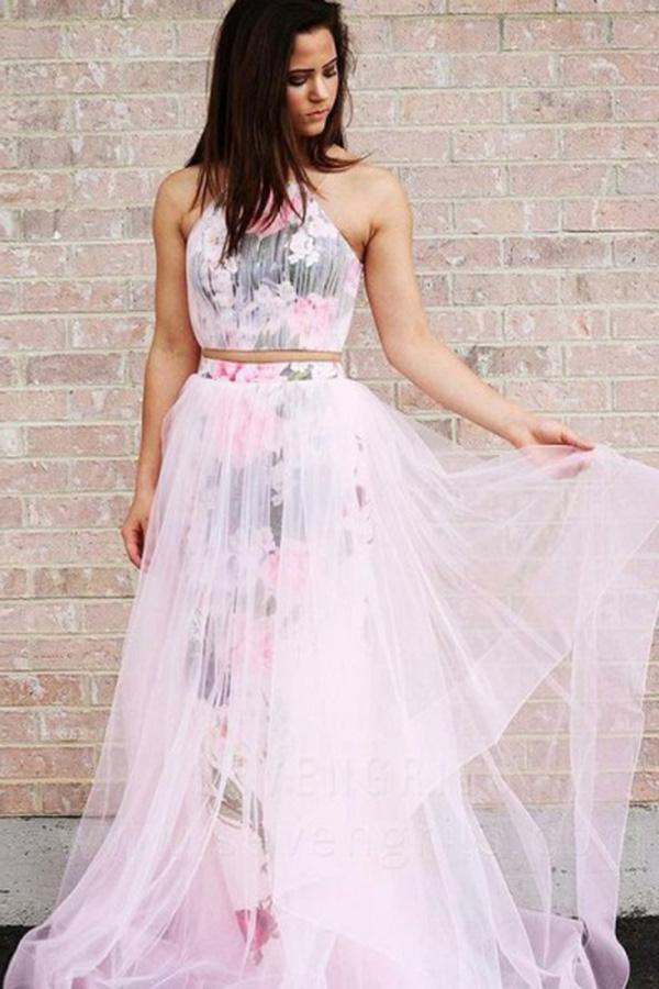 A Line Halter Sleeveless Floor Length Floral Pink Prom Dresses DMJ32