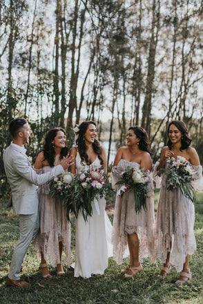 A-Line Off-the-Shoulder 3/4 Sleeves Asymmetry Blush Lace Bridesmaid Dress DMR94