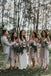 A-Line Off-the-Shoulder 3/4 Sleeves Asymmetry Blush Lace Bridesmaid Dress DMR94