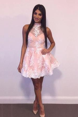 Cute A-line Halter Pink Short Homecoming Dresses Lace Appliques DMA91