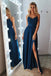 Stunning A Line Lace Top Blue Spaghetti Straps Long Prom Dresses with Slit DM1016