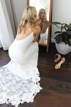 Mermaid V Neck Backless Lace Boho Wedding Dress with High Thigh Slit DMW49