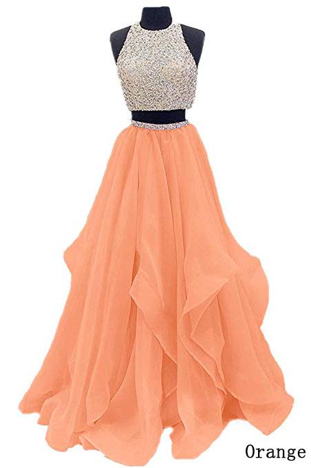 Two Piece Floor Length Burgundy Prom Dress Beaded Open Back Evening Gown DM603
