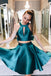 Simple Two Piece Short Dark Teal Satin A Line Homecoming Dress with Bow DMC26