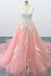 A-line V Neck Pink Tulle Lace Appliques Cathedral Train Formal Prom Dress DMS2