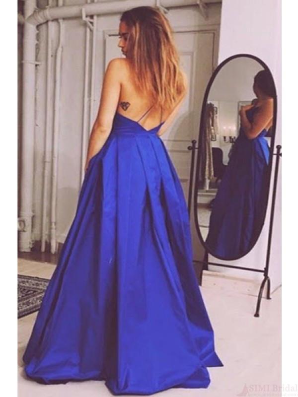 Simple Royal Blue V-neck Cheap Open Back A-line Prom Dresses K696