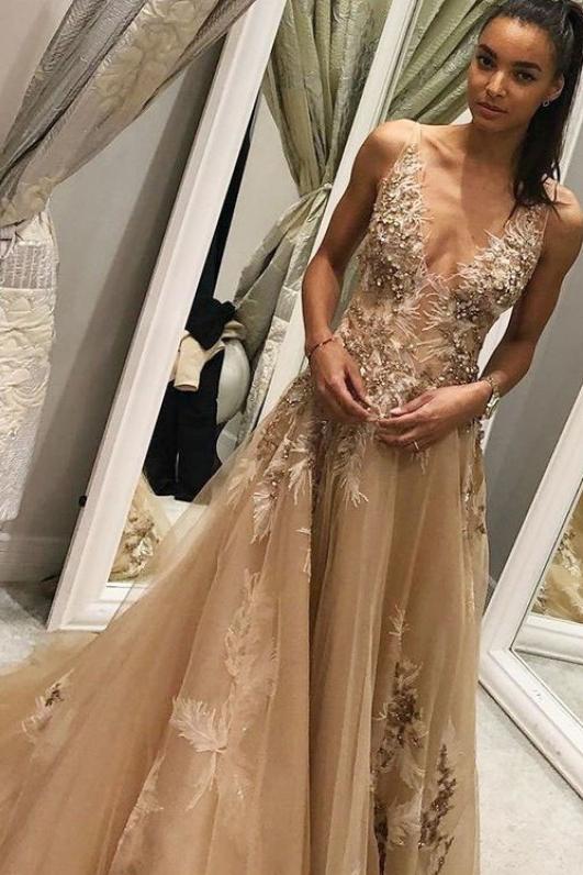 A Line Tulle Long Appliques Deep V Neck Prom Dress With Beading DMF66