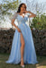 Light Blue A-Line Tulle Appliques V-neck Short Sleeves Long Prom Dresses DM1859