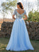 Light Blue A-Line Tulle Appliques V-neck Short Sleeves Long Prom Dresses DM1859