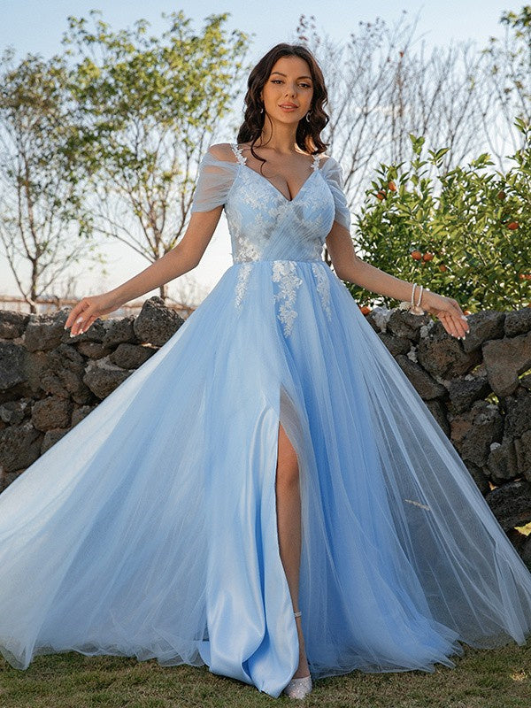 Light Blue A-Line Tulle Appliques V-neck Short Sleeves Long Prom Dresses DM1859