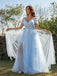 Light Blue A-Line Tulle Appliques V-neck Short Sleeves Long Prom Dresses DM1859