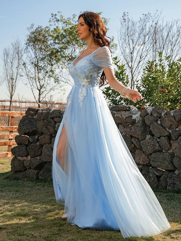 Light Blue A-Line Tulle Appliques V-neck Short Sleeves Long Prom Dresses DM1859