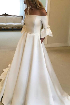 Petal Half Sleeves A Line Satin Off-the-shoulder Wedding Dress Long Bridal Dress DMW38