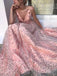 Pink Floral A Line Lace Long V Neck Spaghetti Strap V Neck Formal Prom Dress DMH68