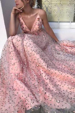 Pink Floral A Line Lace Long V Neck Spaghetti Strap V Neck Formal Prom Dress DMH68