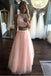Two Pieces A Line Beading Tulle Long Prom Dresses Cheap Pink Evening Dress DMI30