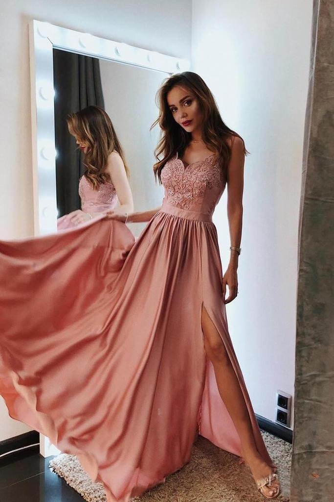 Pink V Neck Long Prom Dresses Lace Spaghetti Straps Prom Dress with Slit DMI1