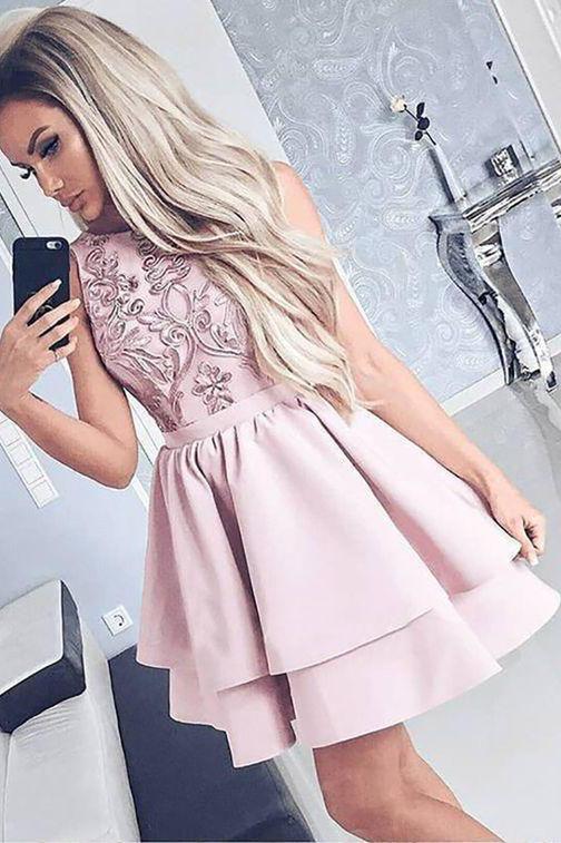 Pretty Bateau Short Pink Satin Homecoming Party Dresses with Appliques DMO51