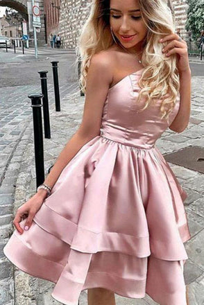 Princess A Line One Shoulder Pink Short Homecoming Dresses DMO47