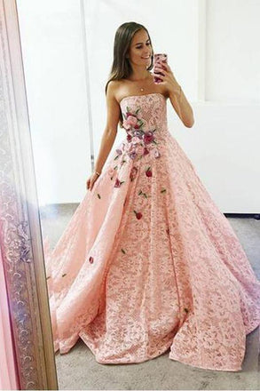 Strapless Pink Lace Long Ball Gown with Floral Embroidery Cheap Prom Dresses DMJ33
