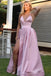 Simple Pink A Line Long Prom Dress with Slit, V Neck Formal Evening Dress DM1023