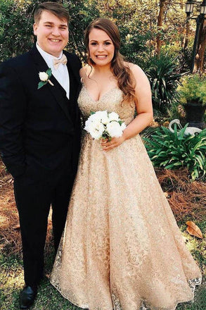 A Line Gold Lace Formal Prom Dresses Long Prom Dresses DMO86