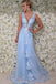 A Line Tulle Light Blue Floor-Length Lace Applique Prom Dresses DMP009